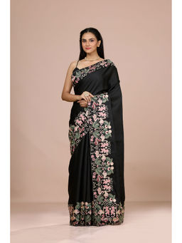 Aparnaa - Black Aubergine Silk Swan and Floral Embroidery Saree with Unstitched Blouse