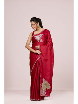 Aparnaa - Red Lotus Embroidery On Pallu Tussar Silk Saree with Unstitched Blouse