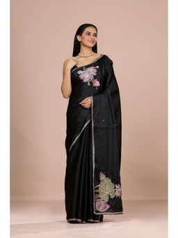 Aparnaa - Black Lotus Embroidery On Pallu Tussar Silk Saree with Unstitched Blouse
