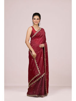 Aparnaa - Maroon Embroidered Scallop Border Crush Tissue Saree with Unstitched Blouse