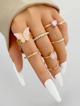 Jewels Galaxy - Gold Plated Pink Stone Studded Butterfly Stackable Rings Set of 8
