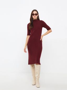 LC WAIKIKI - Maroon Classic Half Turtleneck Straight Short Sleeve Womens Knitwear Dress