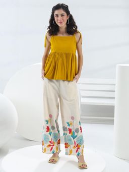 Libas - Mustard Solid Peplum Top with Printed Palazzo