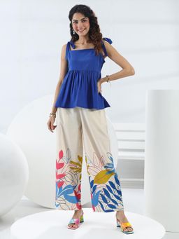 Libas - Blue Solid Peplum Top with Printed Palazzo