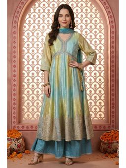 Aurelia - Women's Turquoise Blue Embroidered Anarkali Kurta with Palazzo And Dupatta