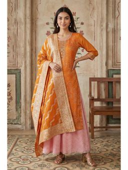 Aurelia - Women’S Orange Zari Geometric Printed Straight Kurta with Palazzo And Dupatta