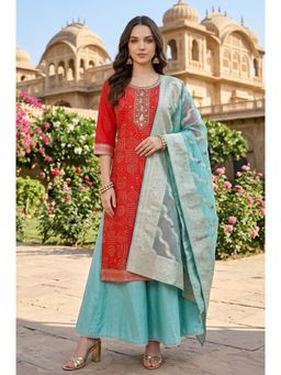 Aurelia - Women's Red Bandhani Printed Straight Kurta with Sea Green Palazzo And Dupatta
