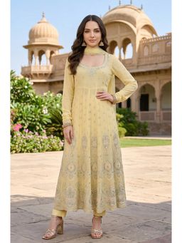 Aurelia - Women's Yellow Georgette Embroidered Anarkali Kurta with Leggings And Dupatta