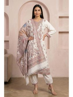Aurelia - Women Cream Jacquard Paisley Printed Straight Kurta with Salwar And Dupatta