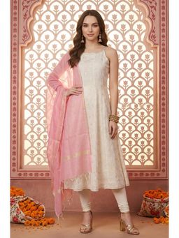 Aurelia - Women's Off White Chanderi A-Line Noodle Straps Kurta And Leggings with Pink Dupatta