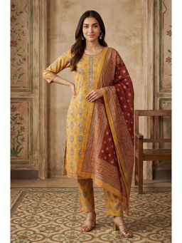 Aurelia - Women’S Mustard Thread Embroidered Pure Cotton Straight Kurta with Pant And Dupatta