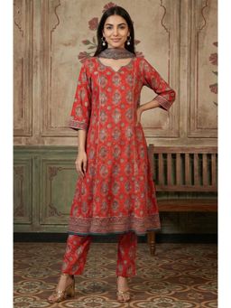 Aurelia - Women's Red Rayon Ethnic Motifs Printed A-Line Kurta with Pant And Dupatta