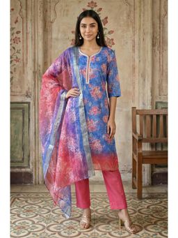 Aurelia - Women’S Blue Jacquard Zari Lace Straight Kurta with Pant And Dupatta