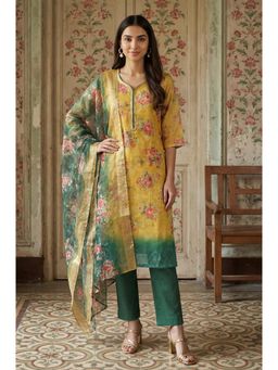 Aurelia - Women’S Yellow Jacquard Zari Lace Straight Kurta with Pant And Dupatta