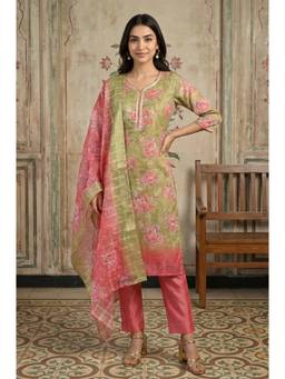 Aurelia - Women’S Olive Green Jacquard Zari Lace Straight Kurta with Pant And Dupatta
