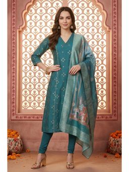 Aurelia - Women’S Teal Foil Printed A-Line Kurta with Leggings And Jacquard Dupatta