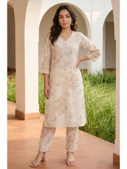 Aurelia - Women's Off White Floral Printed Lace Cotton Co-Ord Set