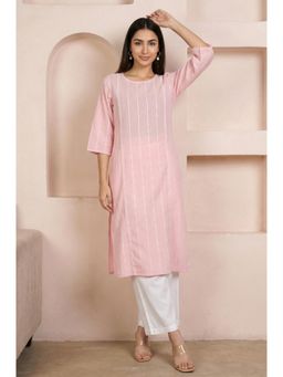 Aurelia - Women's Pink Striped Cotton Blend Straight Kurta with Palazzo