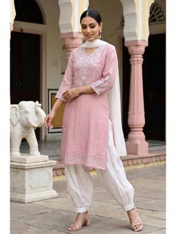 Folksong - Women's Rose Pink Zari Embroidered Cotton Blend Kurta with Salwar And Dupatta