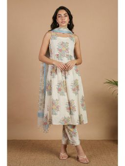 Folksong - Women’S Off White Floral Printed Cotton Flared Kurta with Pant And Dupatta