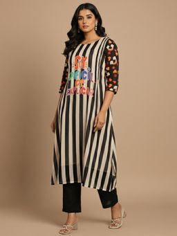Varanga - Black Urban Stripe A-Line Kurta with Floral Accents Pant