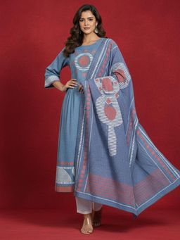 Varanga - Blue Modern Geometric-Border Kurta with Pant & Linear Striped Dupatta