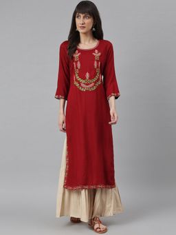 DECKEDUP - Maroon Women Floral Ebroidered Kurta with Sharara