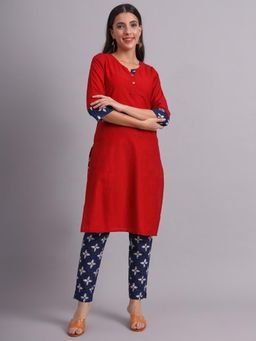 DECKEDUP - Red Round Neck Regular Kurta with Pant