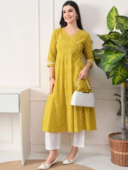 DECKEDUP - Green Women Ethnic Motifs Printed Angrakha Pure Cotton Kurta with Pant