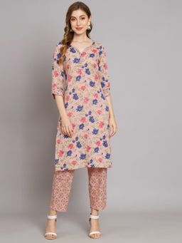 DECKEDUP - Pink Floral Printed V-Neck Kurta with Pant