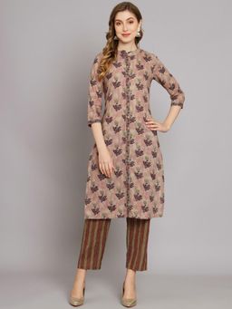 DECKEDUP - Multi-Color Floral Printed Mandarin Collar Kurta with Pant