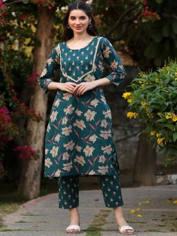 DECKEDUP - Teal Floral Printed Regular Beads Embellished Straight Kurta with Pant