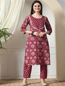 DECKEDUP - Burgundy Women Floral Printed Pure Cotton Kurta with Pant