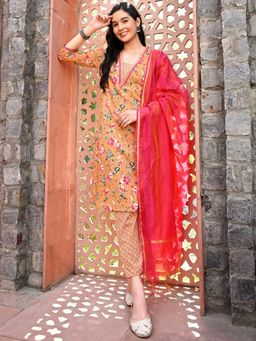 DECKEDUP - Peach Floral Printed Pure Cotton Straight Kurta with Pant & Dupatta