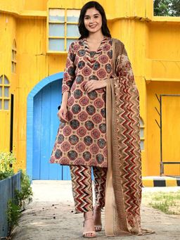 DECKEDUP - Multi-Color Ethnic Motifs Printed Pure Cotton Straight Kurta with Pant And Dupatta