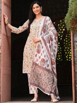 DECKEDUP - White Floral Printed Pure Cotton Straight Kurta with Pant And Dupatta