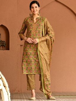 DECKEDUP - Green Floral Printed Mandarin Collar Pure Cotton Straight Kurta with Pant And Dupatta