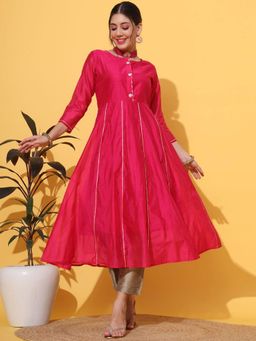 DECKEDUP - Magenta Chanderi Cotton Anarkali Kurta with Pant