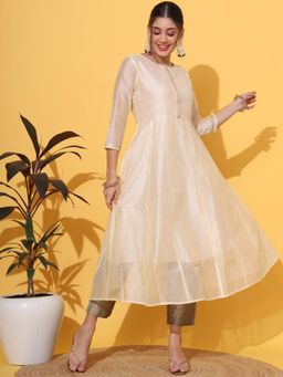 DECKEDUP - Cream Chanderi Cotton Anarkali Kurta with Pant