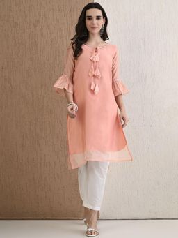 DECKEDUP - Peach Gotta Patti Work Keyhole Neck Chanderi Cotton Straight Kurta with Pant