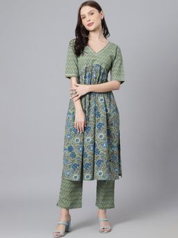 DECKEDUP - Green Floral Printed Empire V-Neck Kurta with Pant