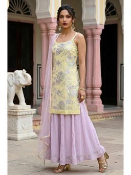 Wishful - Women’S Yellow Zari Embroidered Straight Sleeveless Kurti with Palazzo And Dupatta