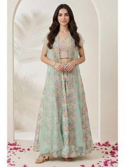 Wishful - Women's Sea Green Embroidered Blouse with Flared Skirt And Jacket