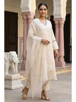 Wishful - Women's Powder Yellow Sequin Embroidered Georgette Kurta with Pant And Dupatta