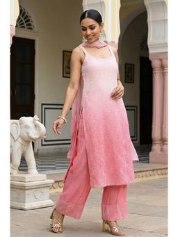 Wishful - Women's Pink Ombre Thread Embroidered Sleeveless Kurta with Salwar And Dupatta