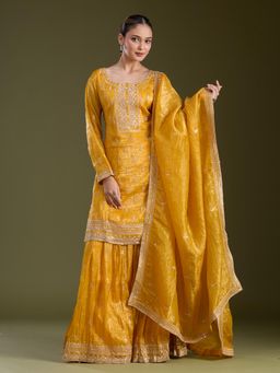 Koskii - Mustard Yellow Zariwork (Gold) Soft Raw Silk Readymade Kurta with Palazzo & Dupatta