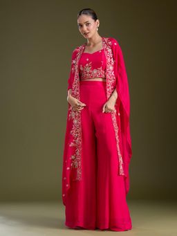 Koskii - Rani Pink Cutdana Soft Raw Silk Crop Top with Palazzo & Cape