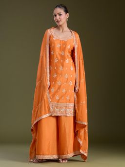 Koskii - Orange Sequins Soft Raw Silk Readymade Kurta with Palazzo & Dupatta