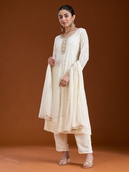 Koskii - Off White Sequins Georgette Readymade Kurta with Pant & Dupatta