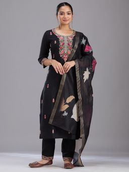 Koskii - Black Threadwork Chanderi Readymade Kurta with Pant & Dupatta